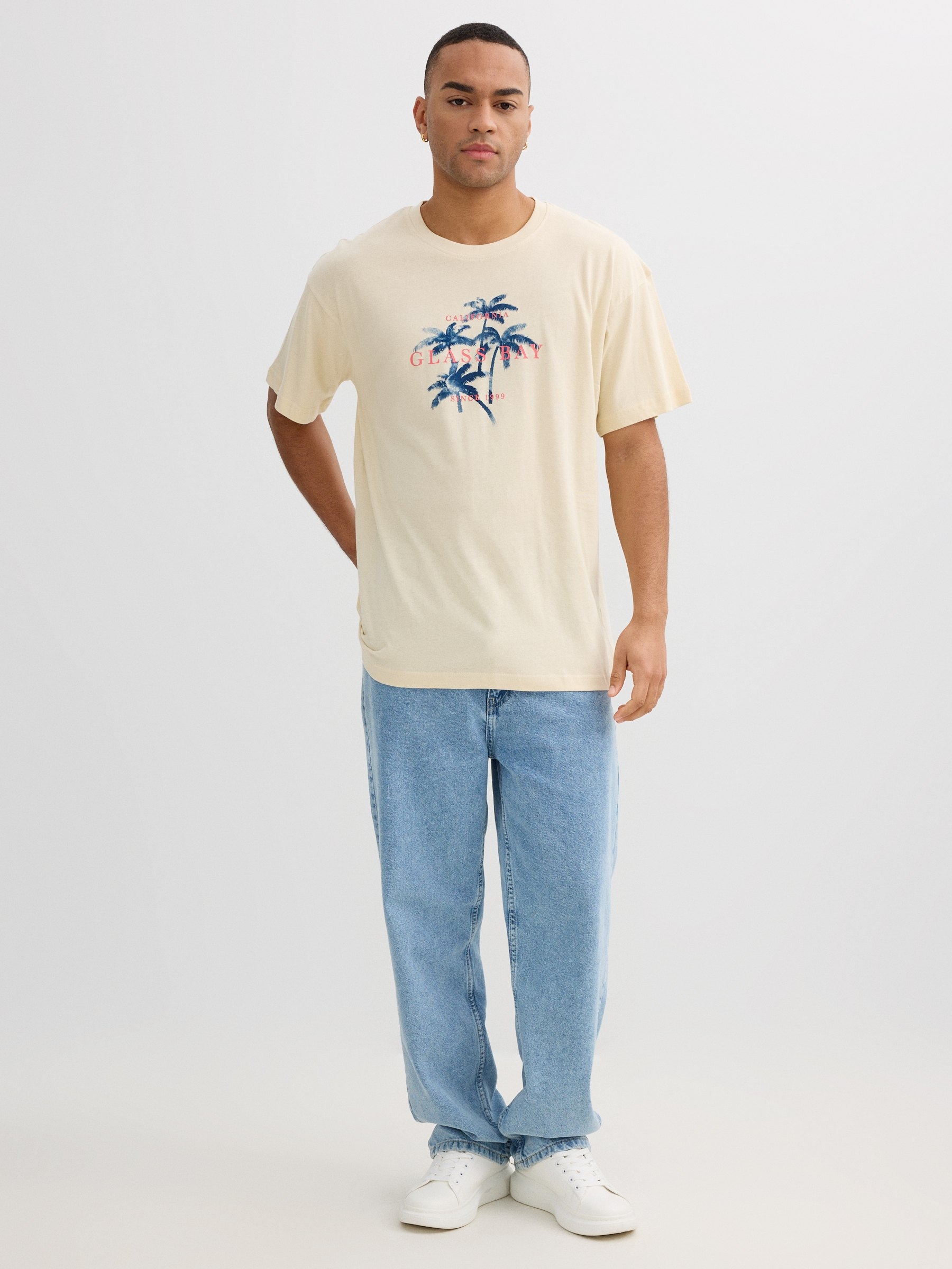 Camiseta palmeiras tropicais areia vista meia frontal