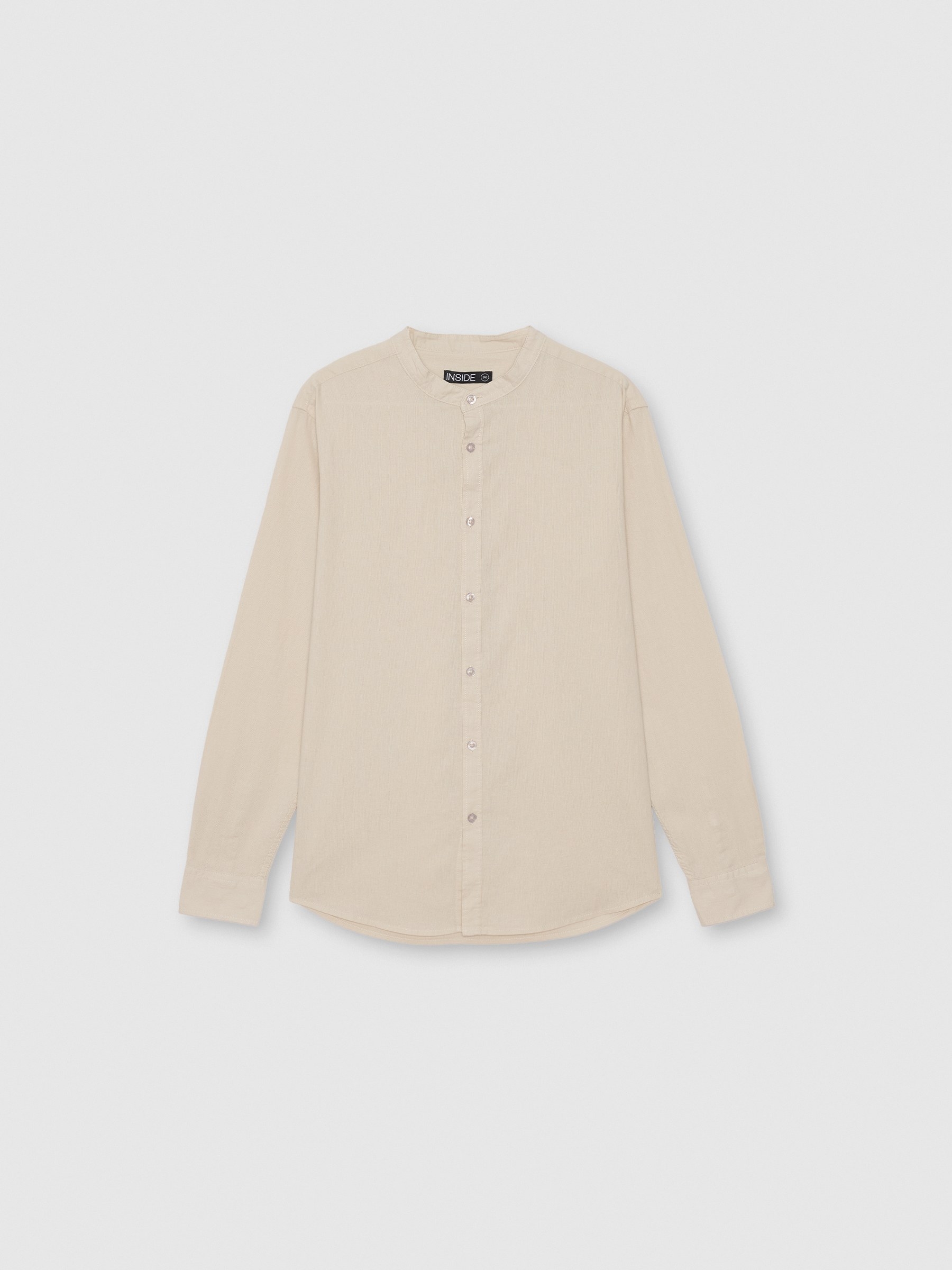  Long sleeve linen shirt with mandarin collar beige front view