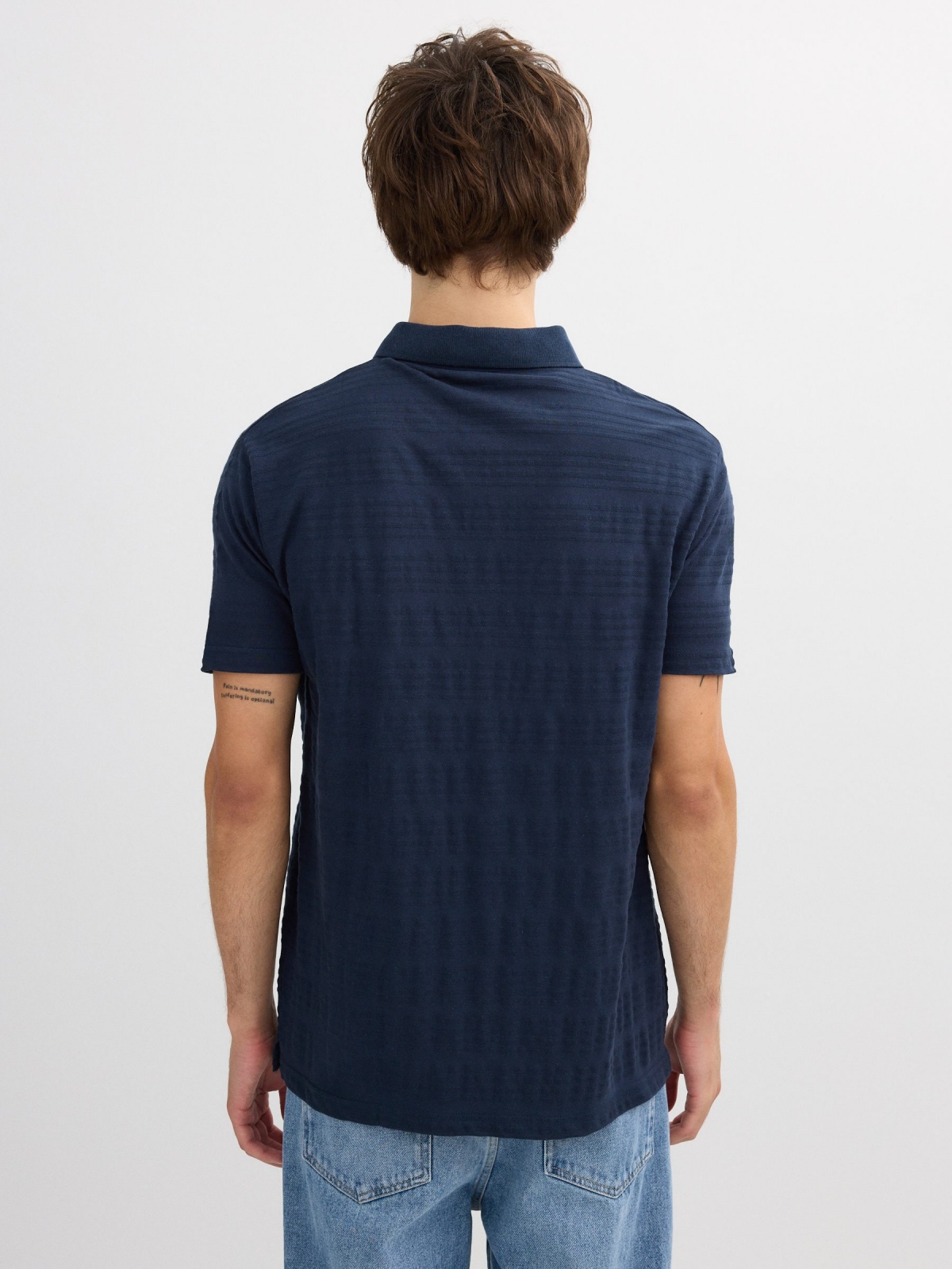 Basic embossed striped polo navy middle back view