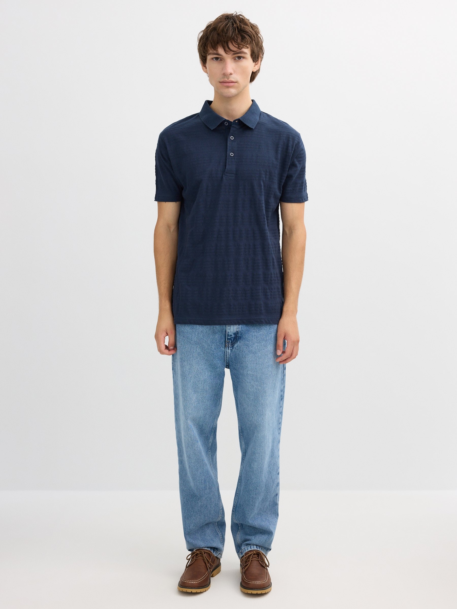 Basic embossed striped polo navy middle front view
