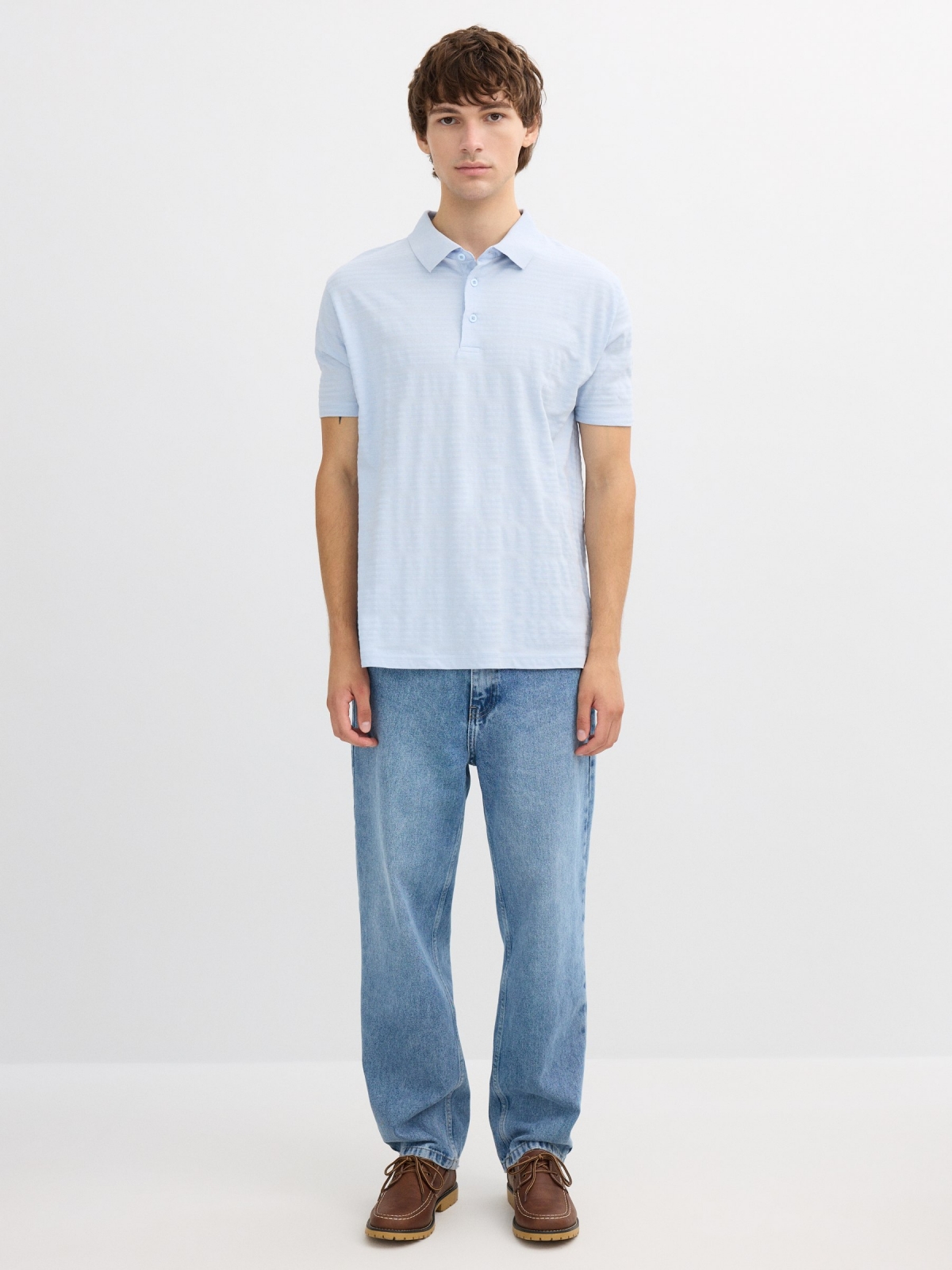 Basic embossed striped polo light blue front view