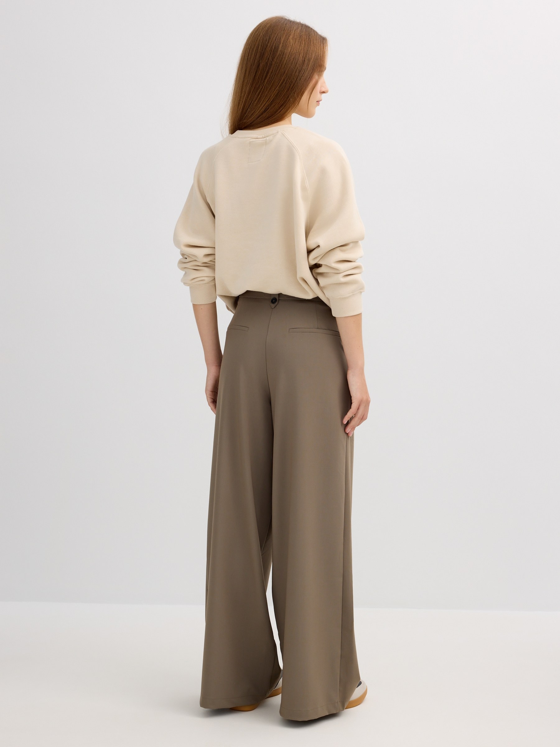 Pleated palazzo pants taupe front view