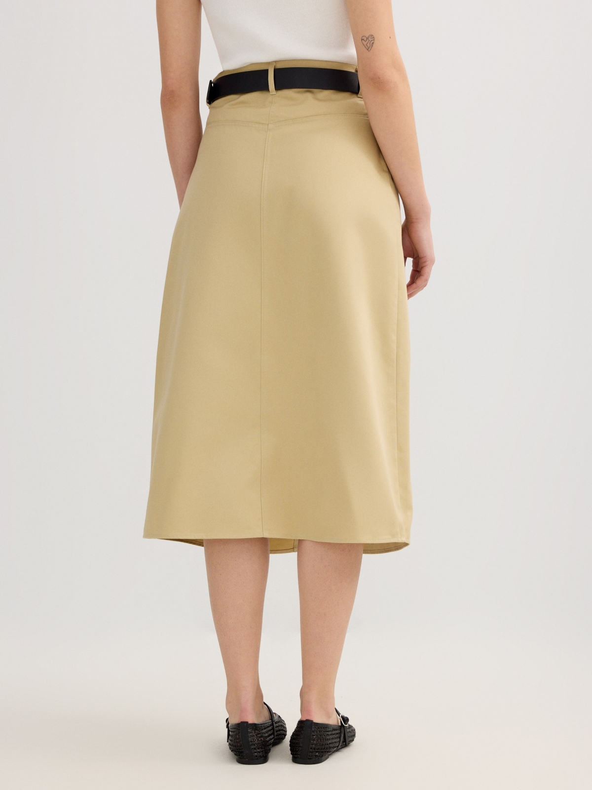 Asymmetric midi skirt with buttons ochre front view