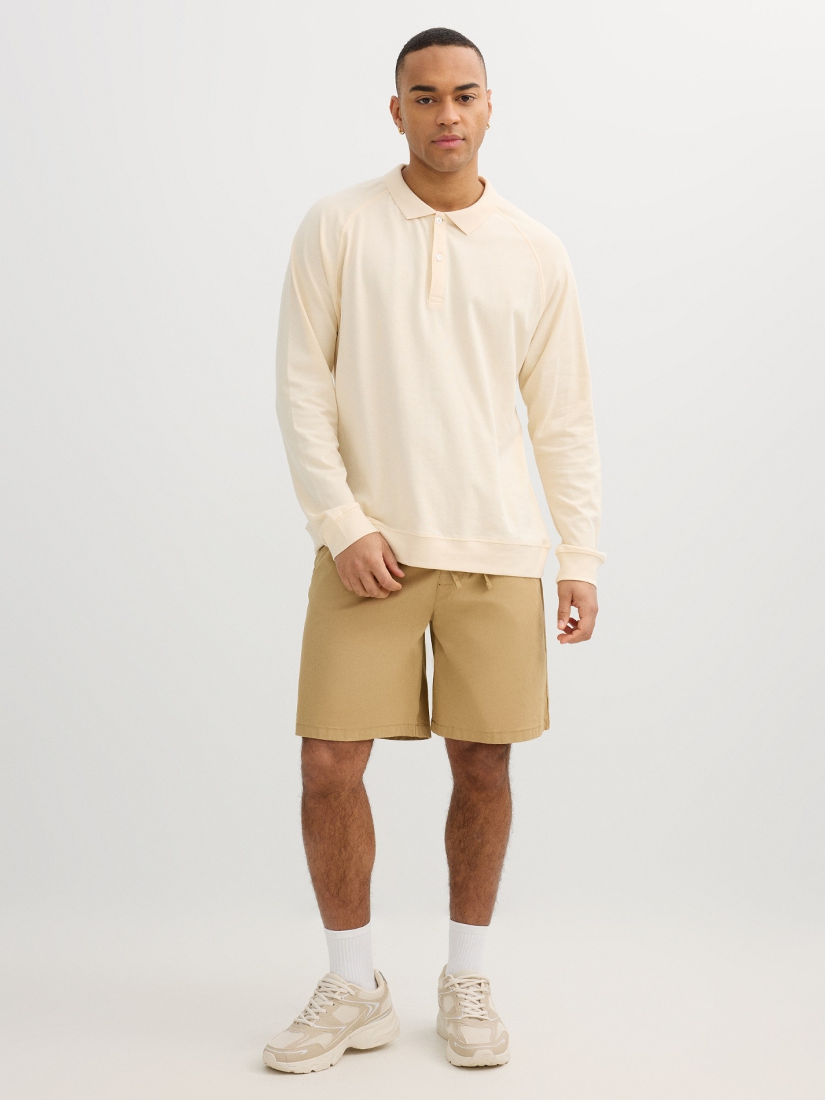 Beige classic long-sleeve polo off white front view