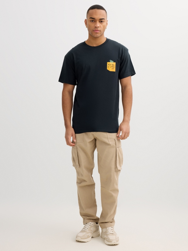 Black t-shirt with printed pocket grey front view