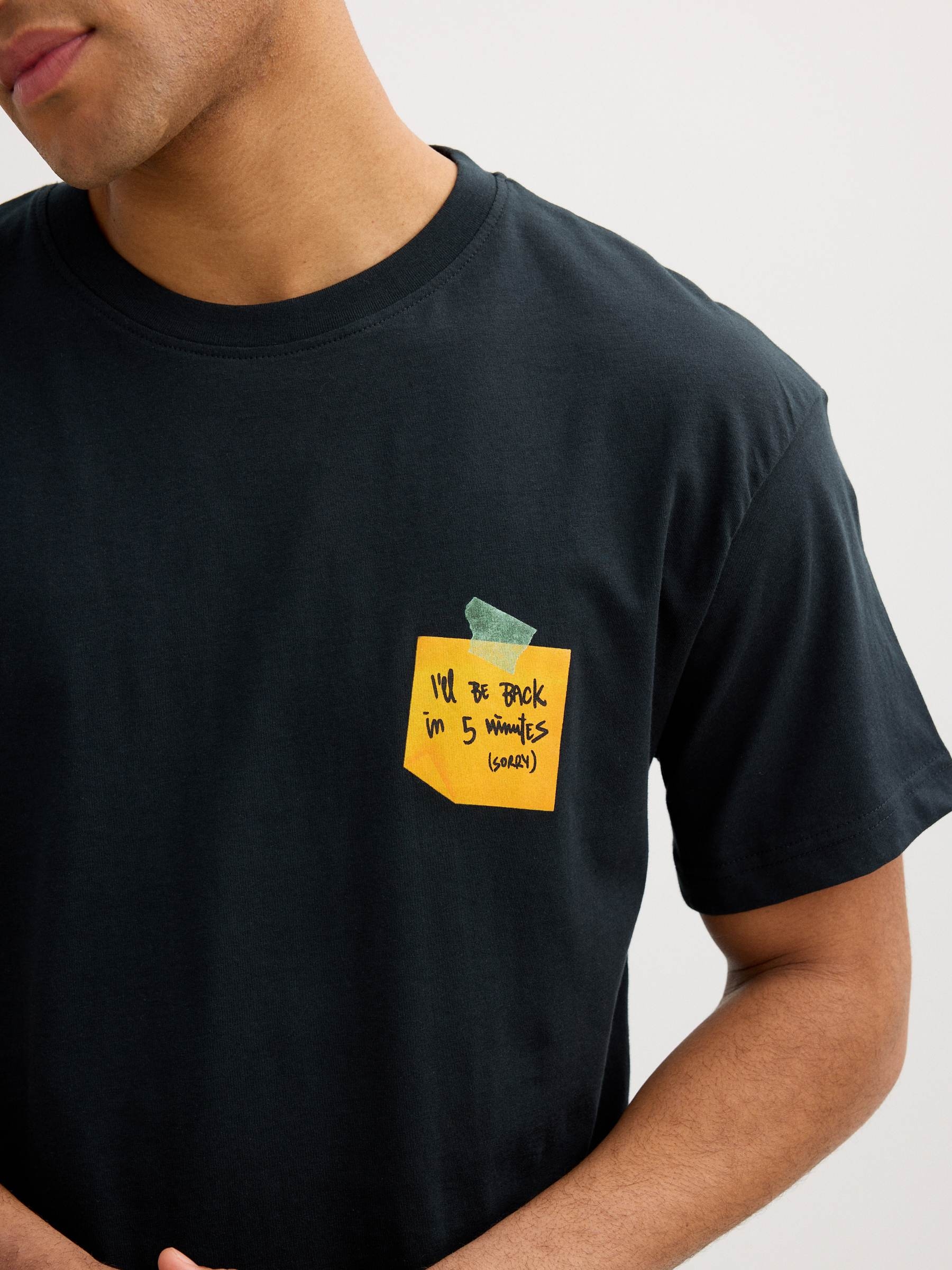 Black t-shirt with printed pocket grey middle front view