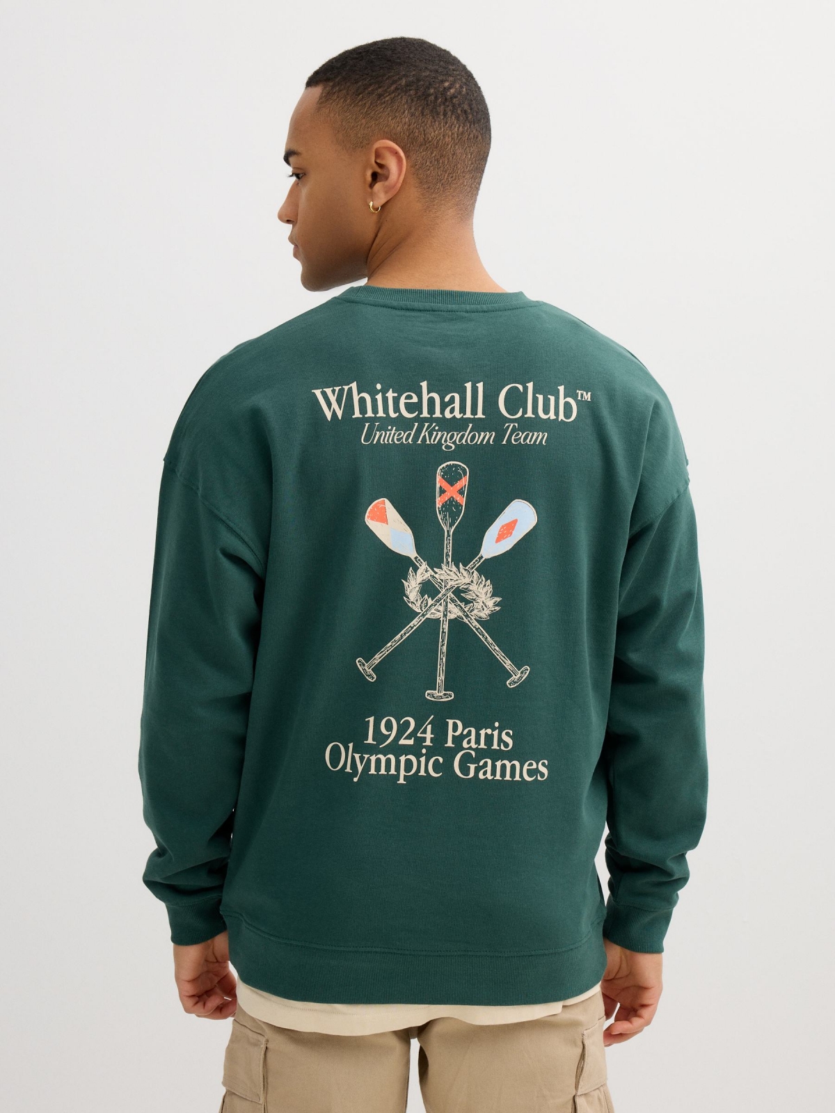 Oversized fleece sweatshirt text dark green middle back view