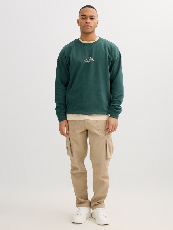 Oversized fleece sweatshirt text dark green front view