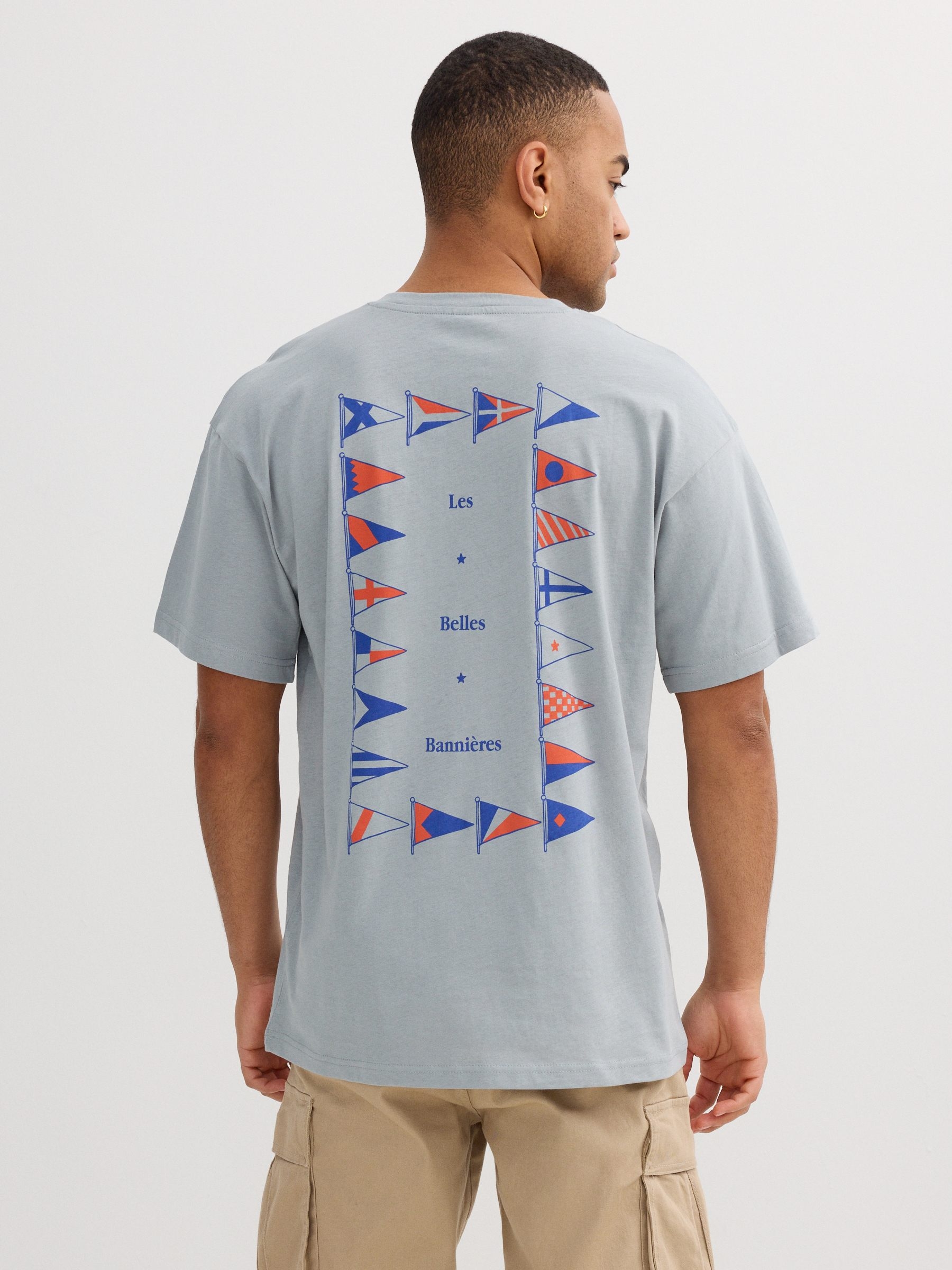 White t-shirt minimalist message blue middle front view