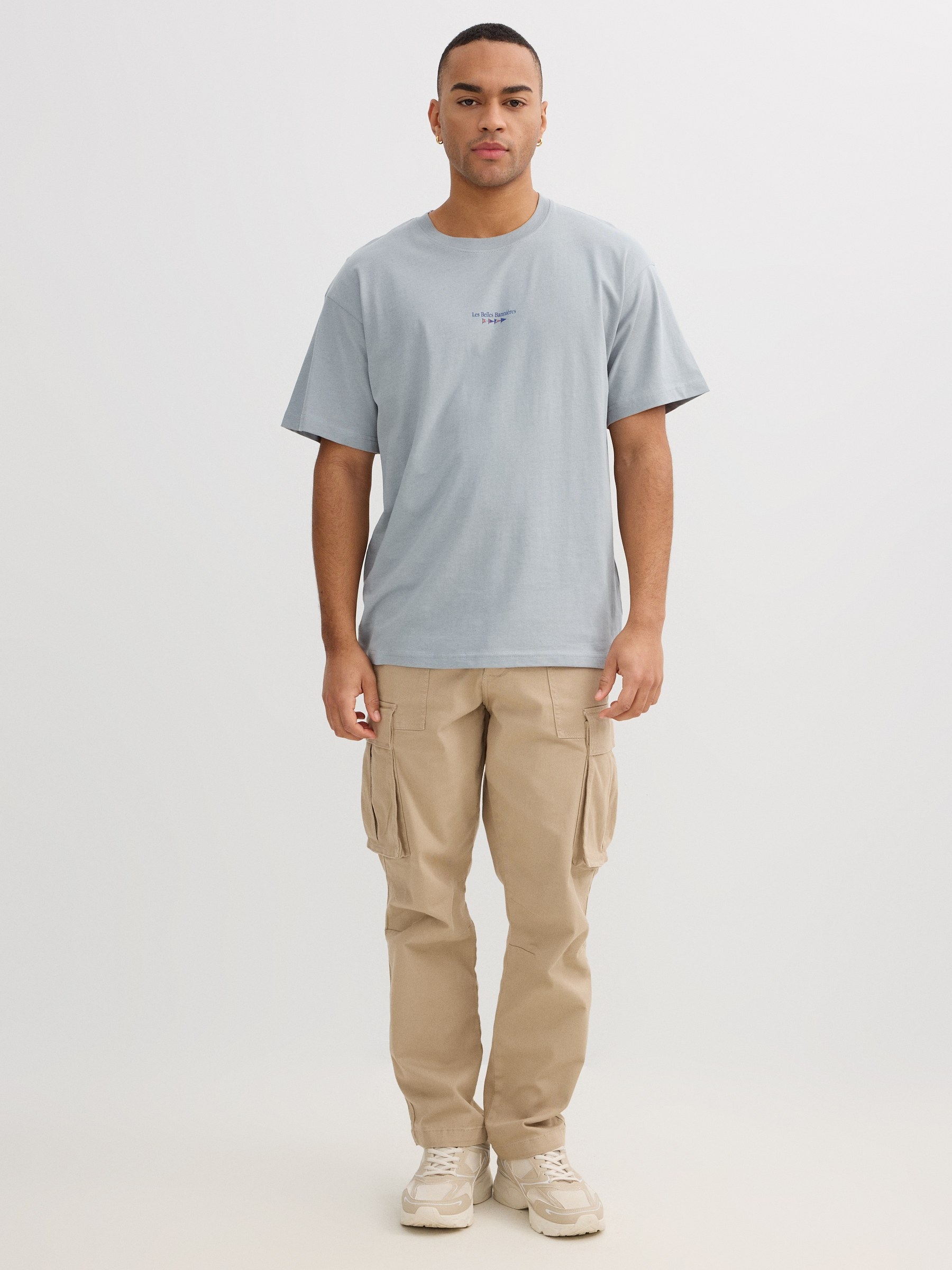 White t-shirt minimalist message blue middle front view