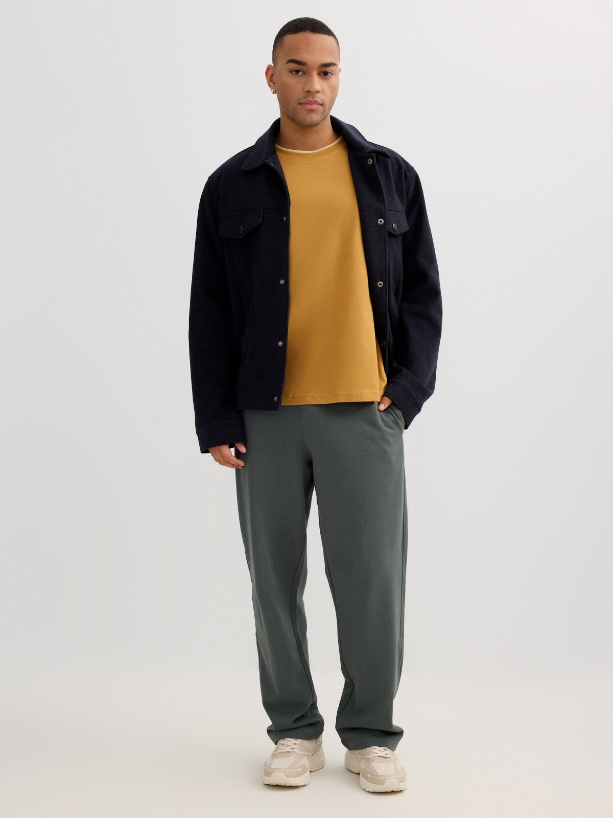 Long-sleeved mustard shirt brown front view