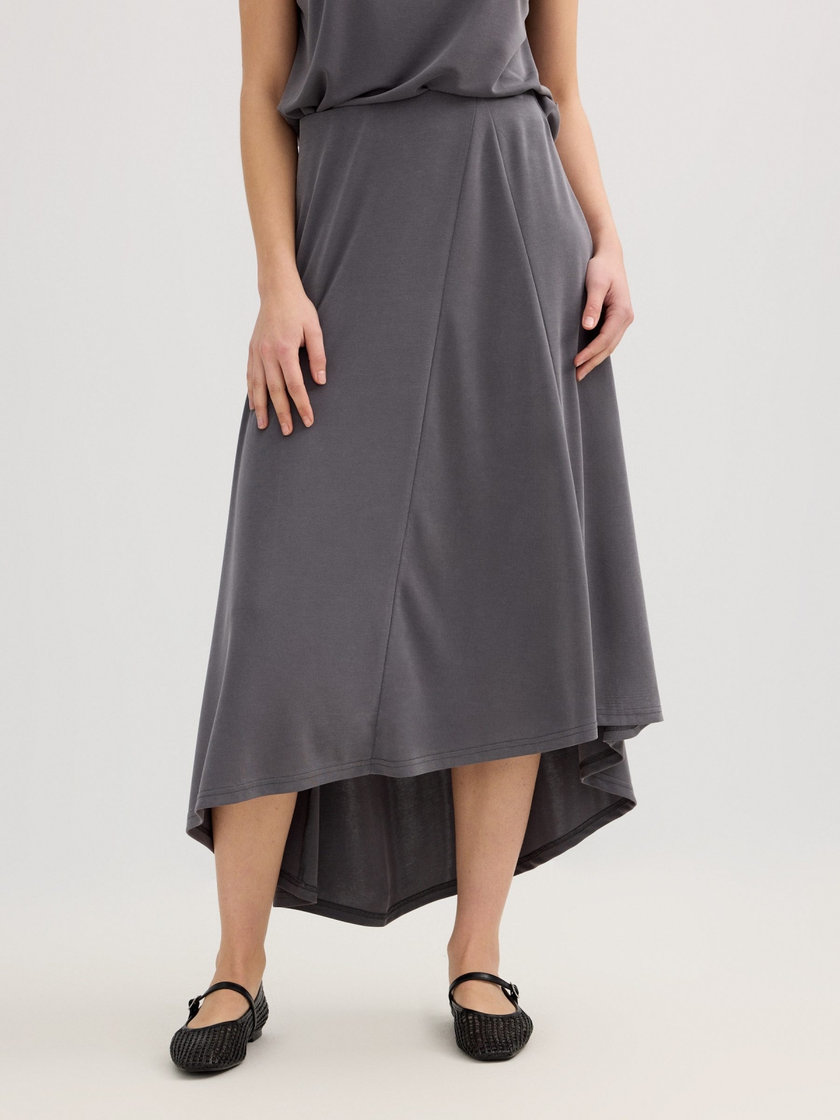 Asymmetric midi knit skirt medium grey front view