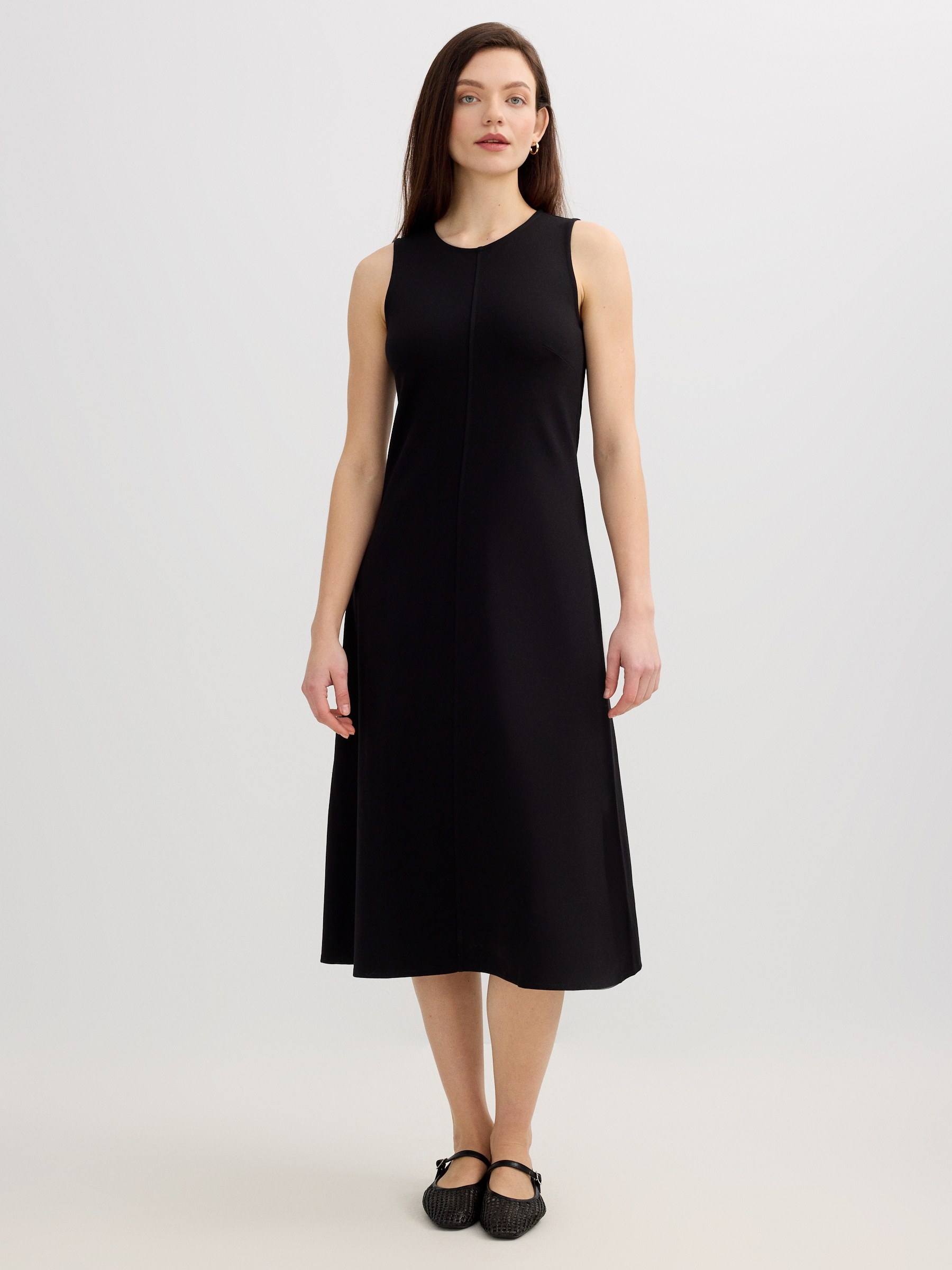 Sleeveless fitted midi dress black middle front view
