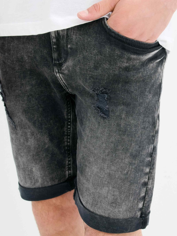 Skinny ripped denim Bermuda shorts black detail view