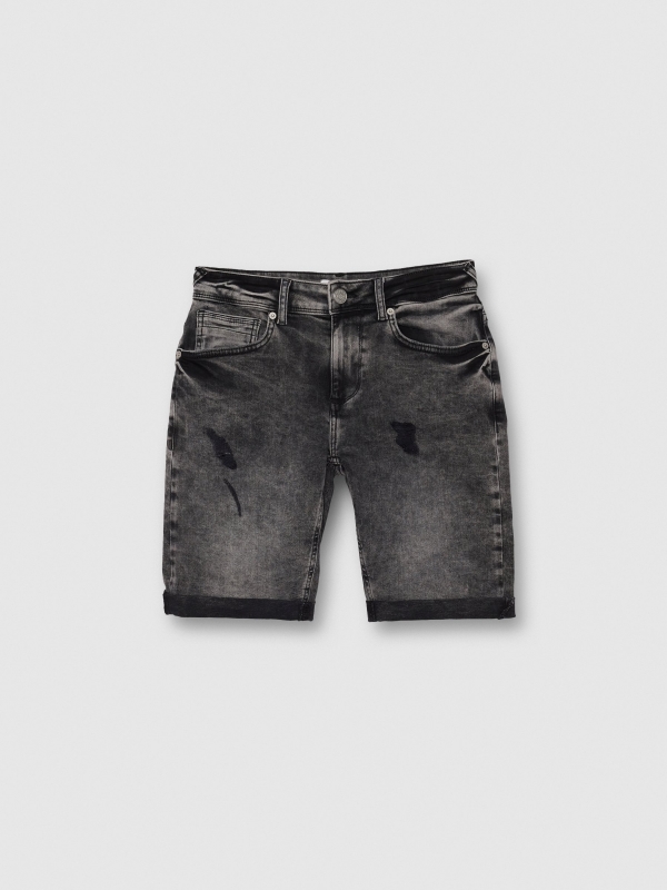  Bermuda jeans skinny com rasgos preto vista frontal