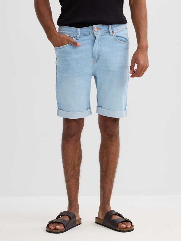 Bermudas jeans skinny cinco bolsos azul vista geral frontal