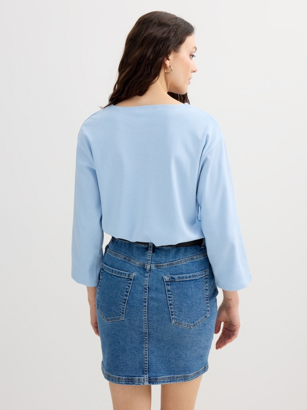 Cotton boat neck t-shirt sky blue middle back view