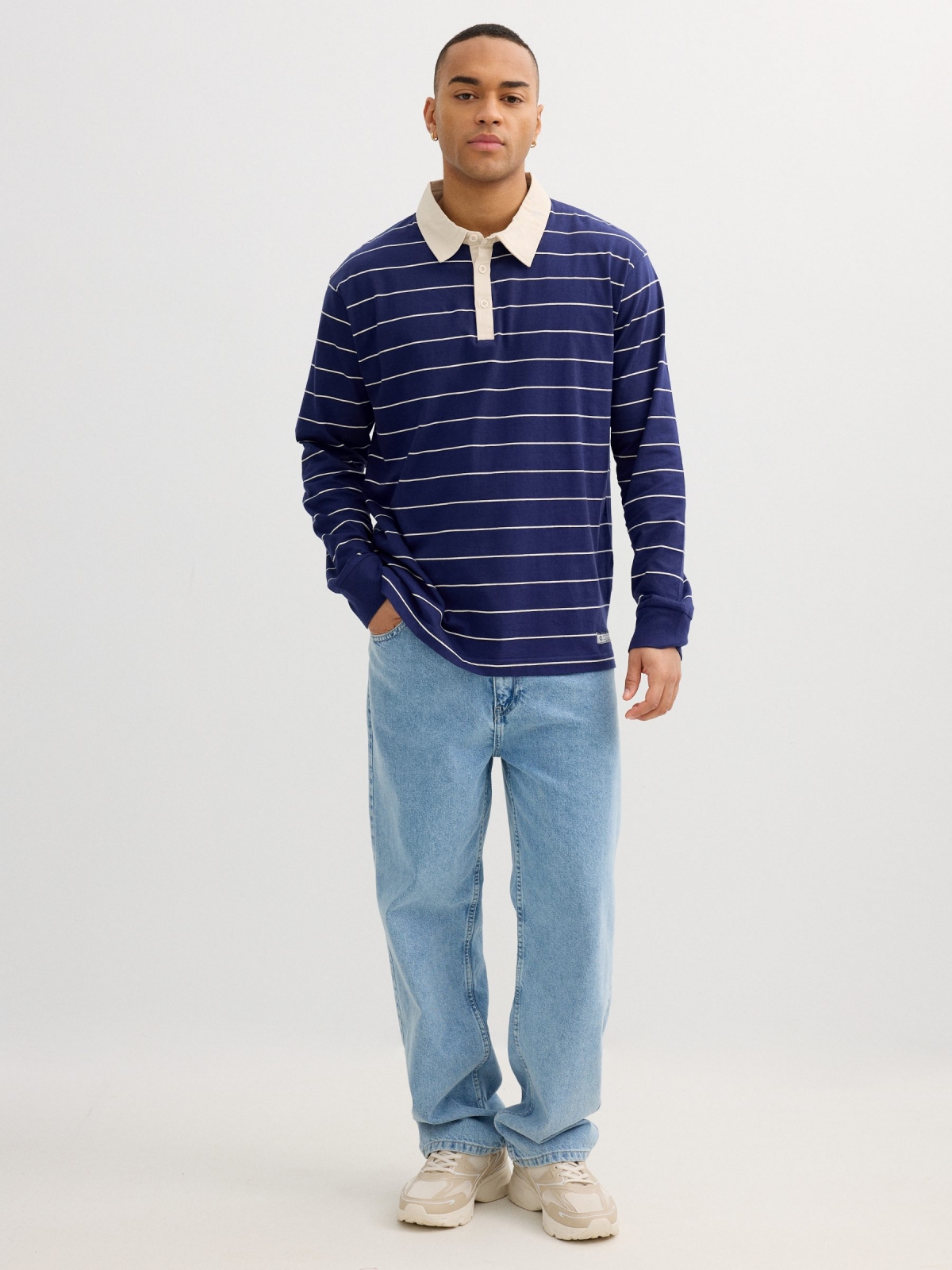 Long-sleeve striped polo blue front view