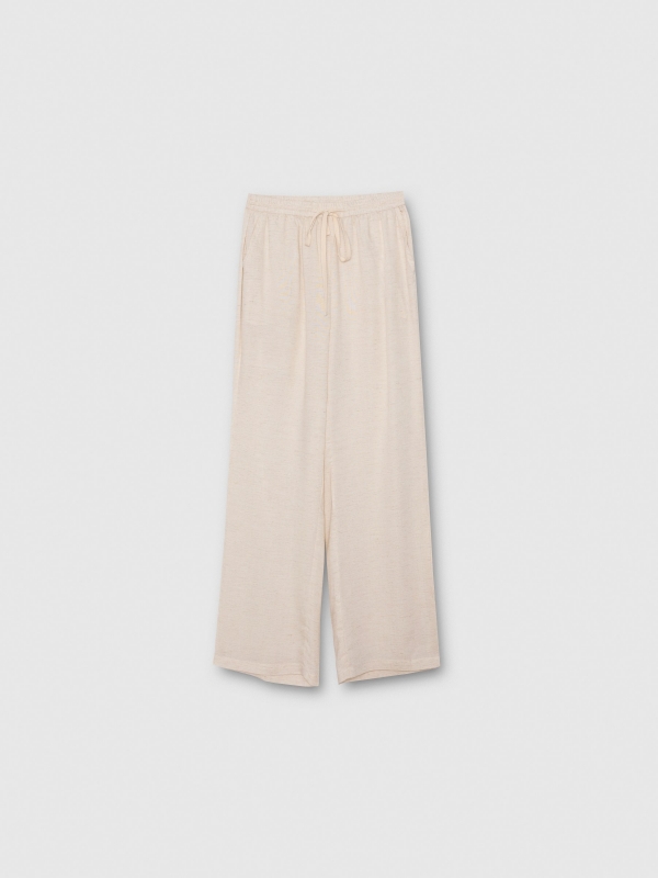  Calça de linho fluida de cintura alta bege vista frontal