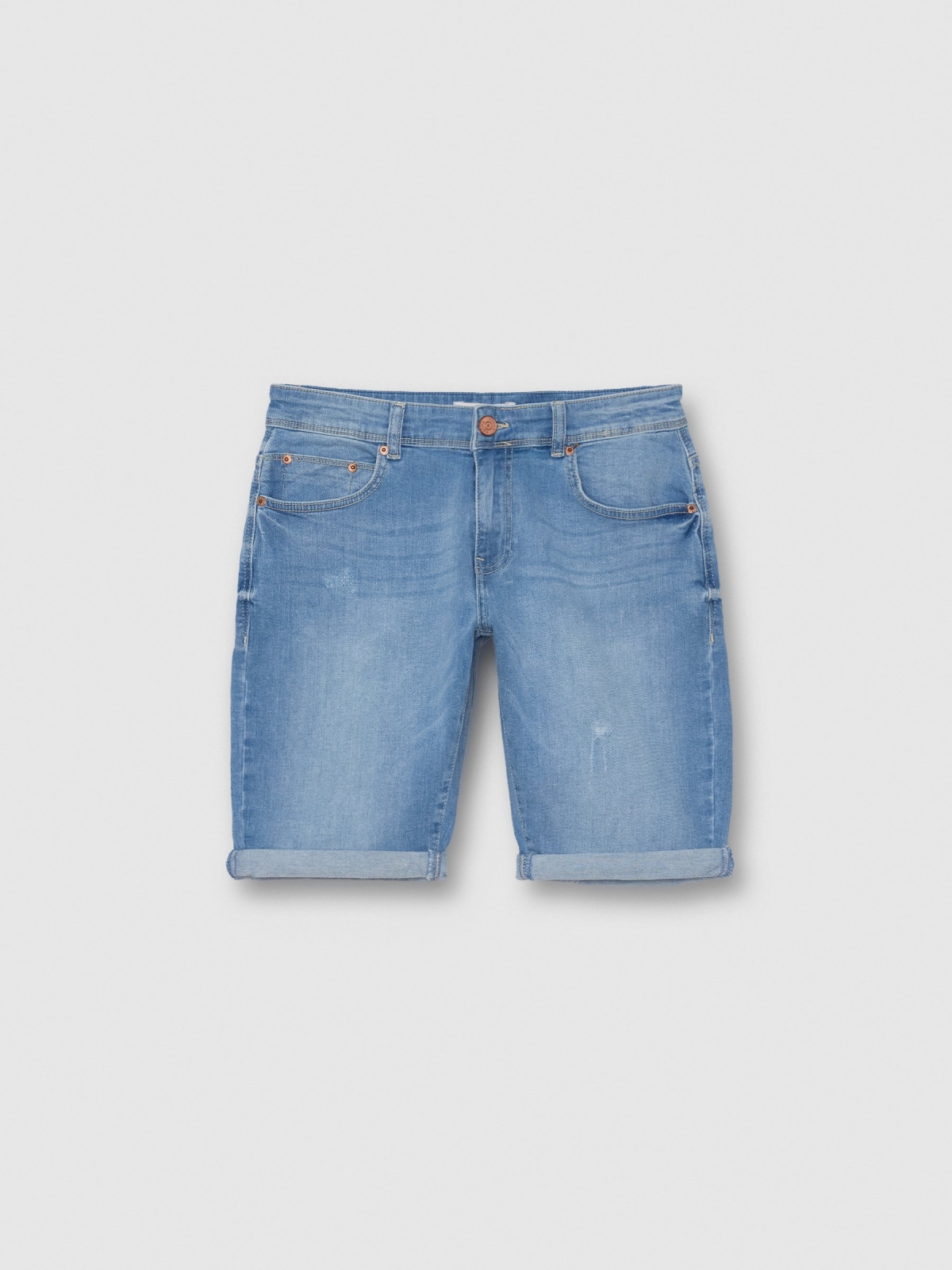 %Pto% Regular fit ripped denim Bermuda shorts blue front view