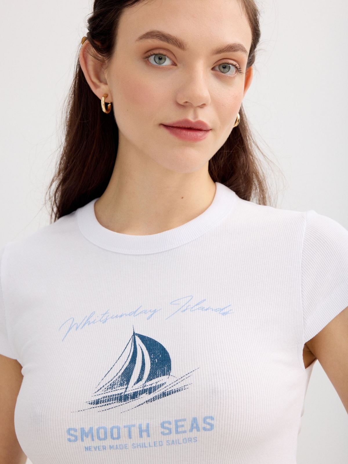 Navy printed ribbed crop top white detail view