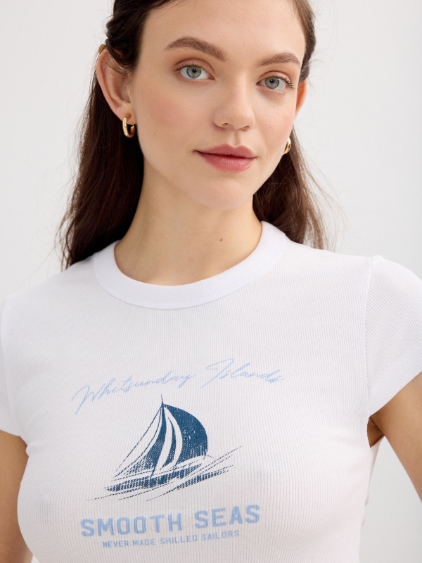 Navy printed ribbed crop top white detail view