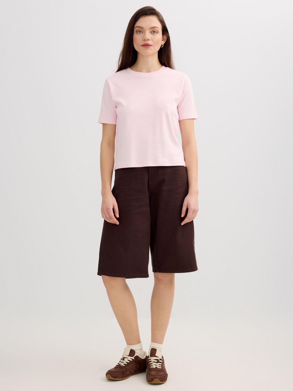 Camiseta verde básica de algodón rosa claro vista general frontal