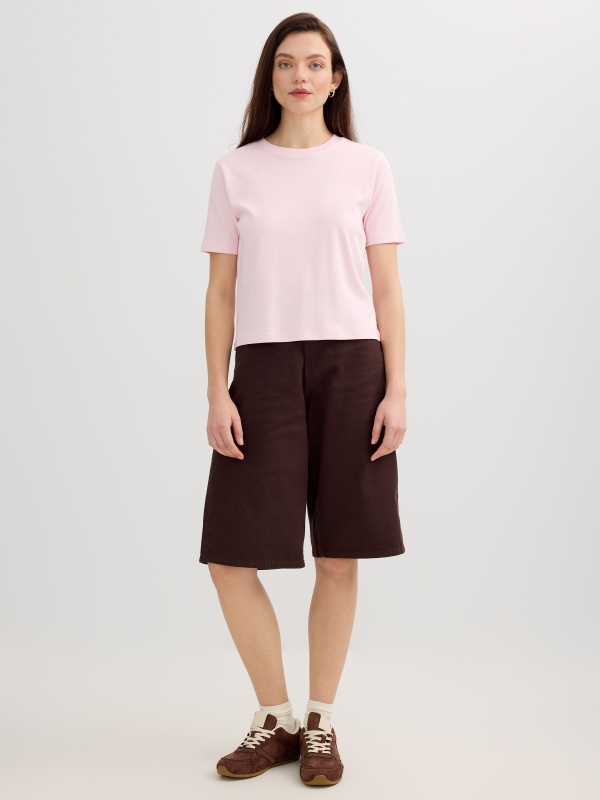 Camiseta verde básica de algodón rosa claro vista general frontal