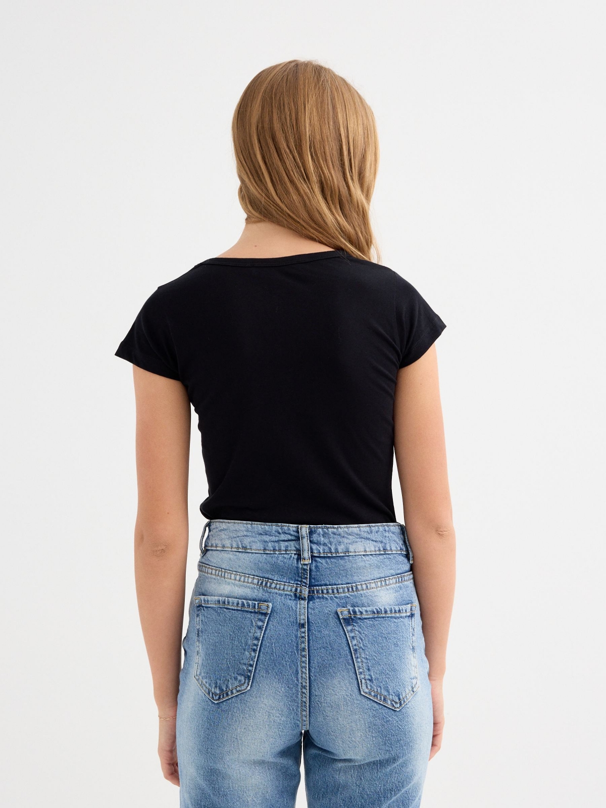 Basic black V-neck T-shirt black middle back view