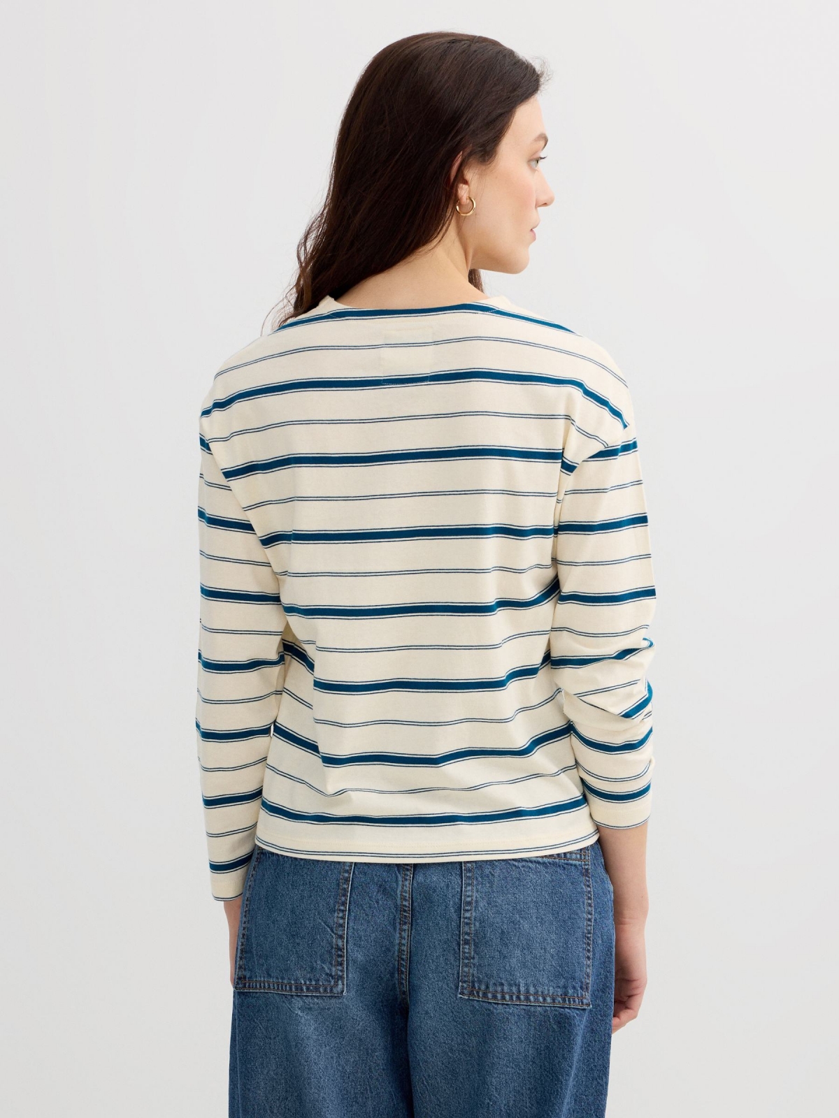 Long sleeve cotton striped t-shirt off white middle back view