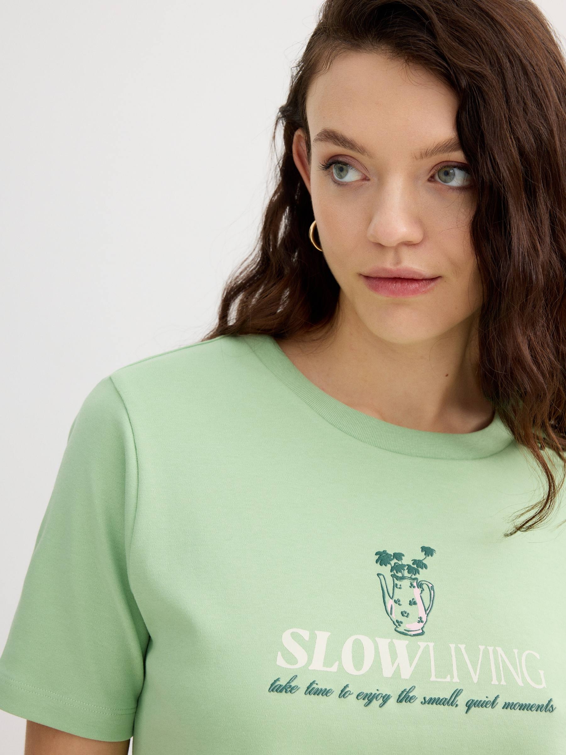 Green Slow living t-shirt light green middle front view