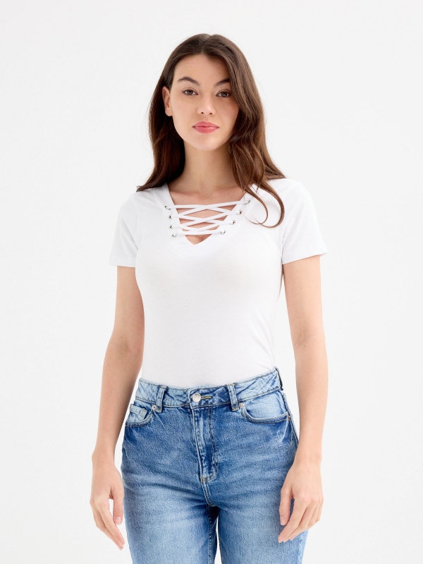 Black strappy neckline top white middle front view