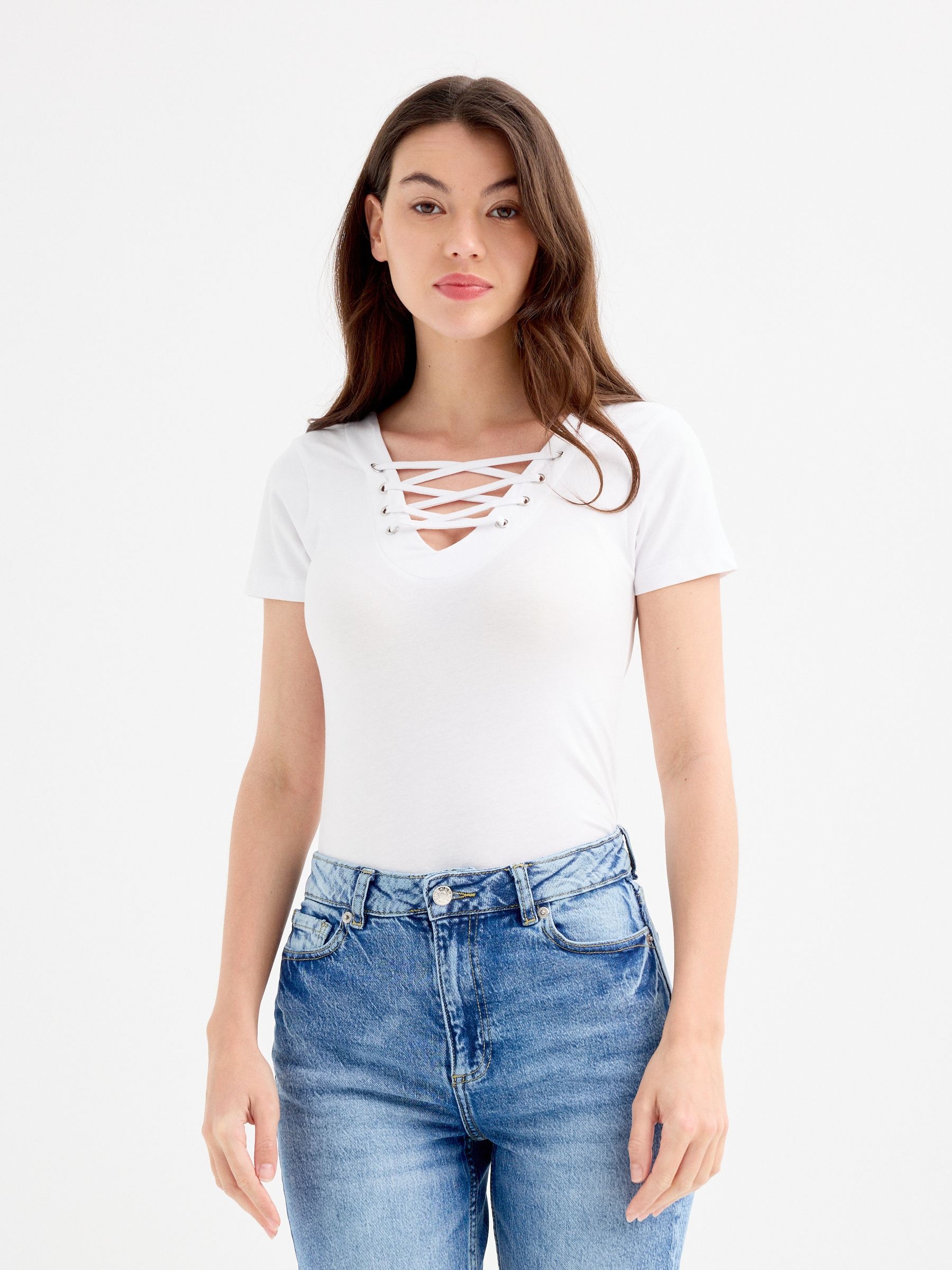 Black strappy neckline top white middle front view