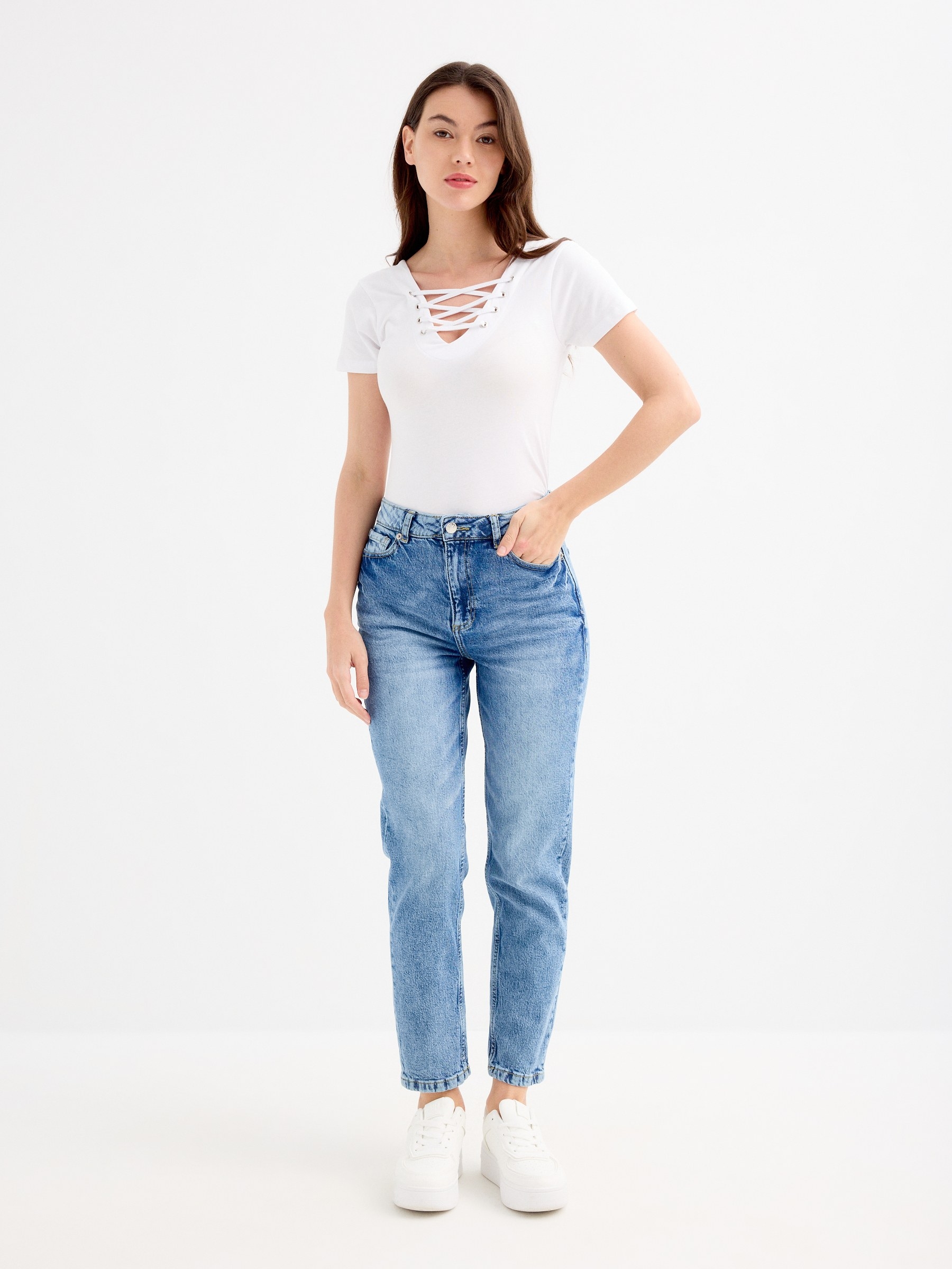 Black strappy neckline top white middle front view