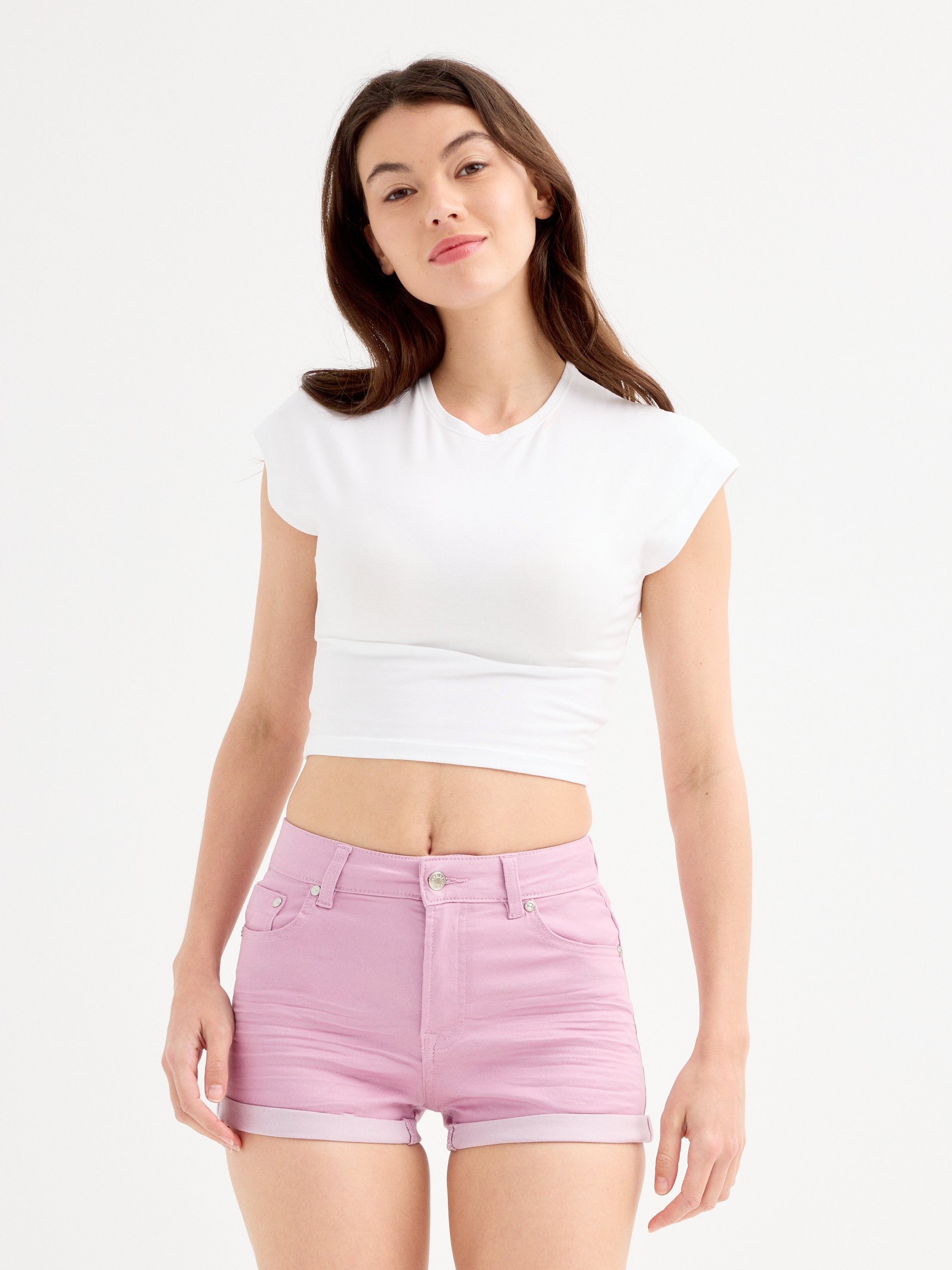 Shorts sarja tiro médio malva vista meia frontal