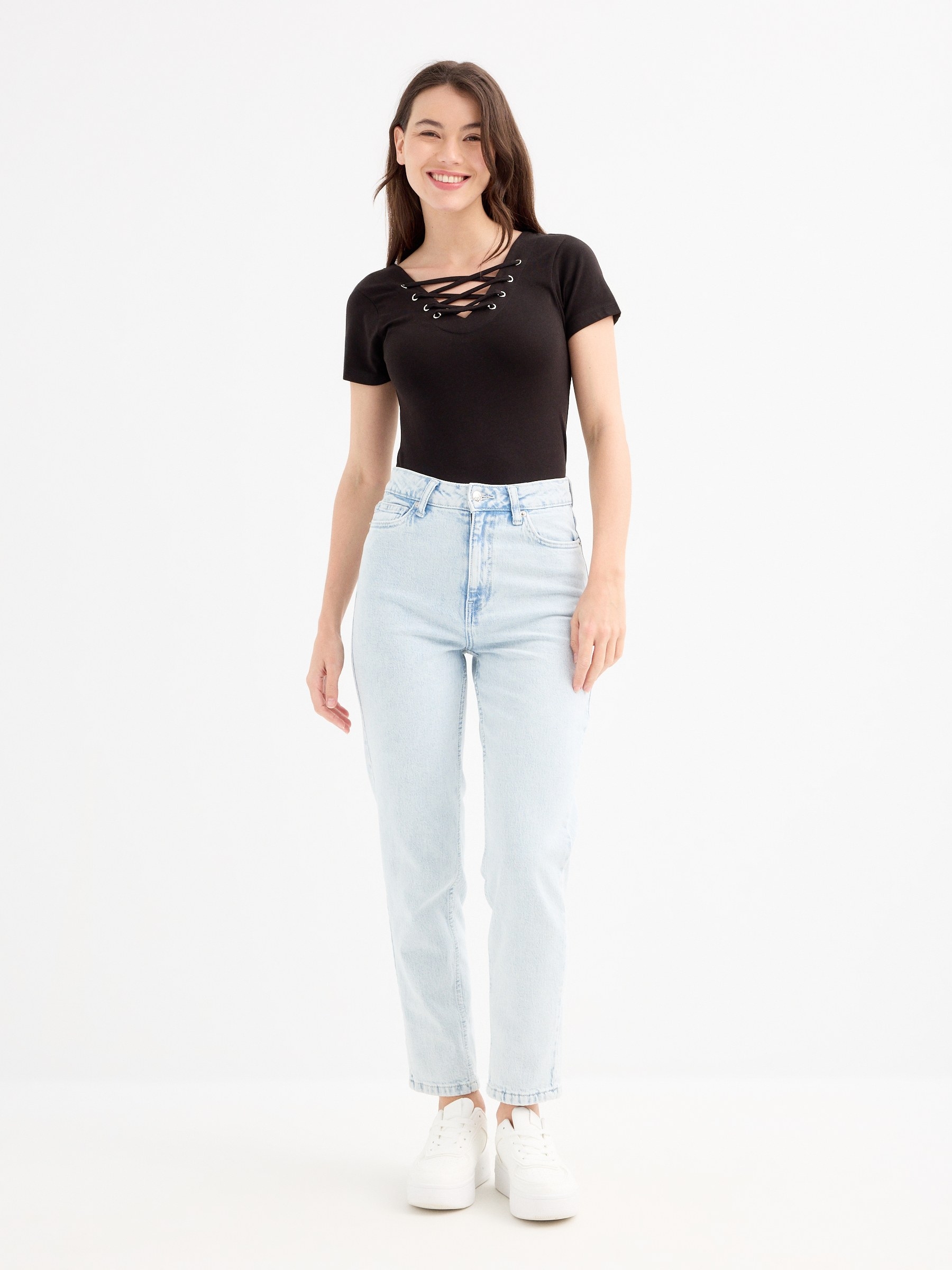 Black strappy neckline top black middle front view