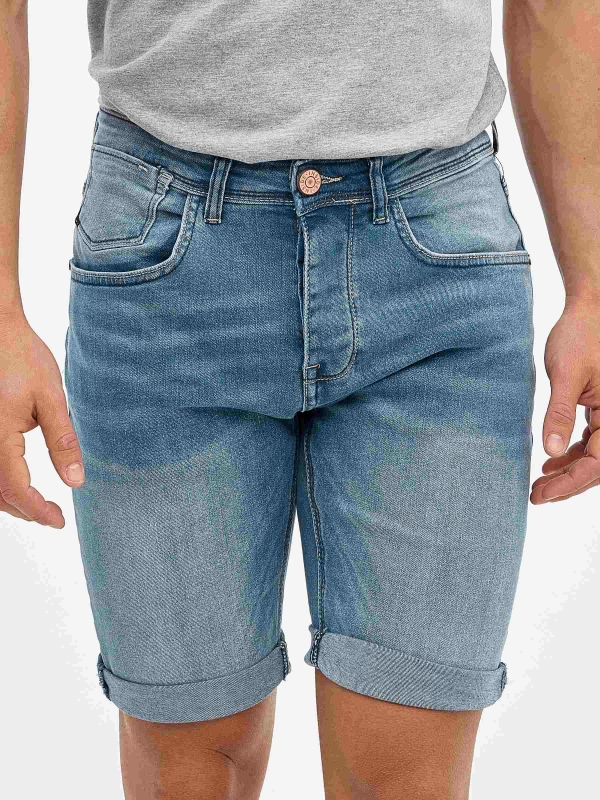 Washed effect denim Bermuda blue front detail view