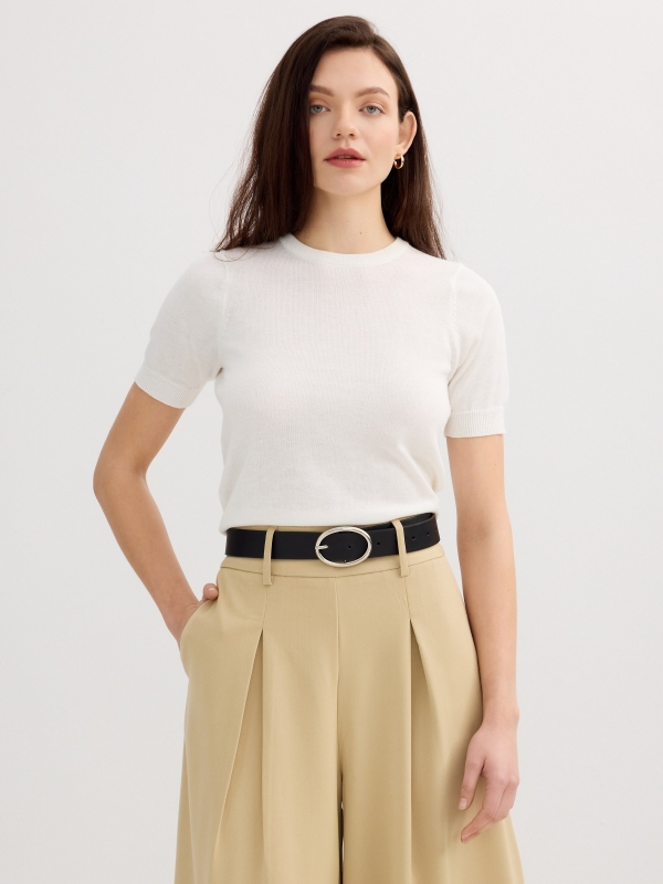 Basic green round neck jersey off white middle front view