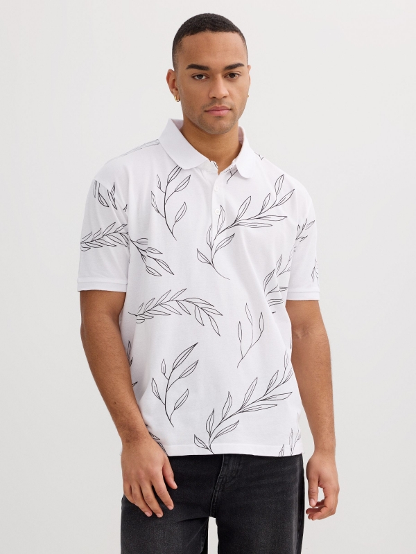 Piqué polo tropical leaves white middle front view