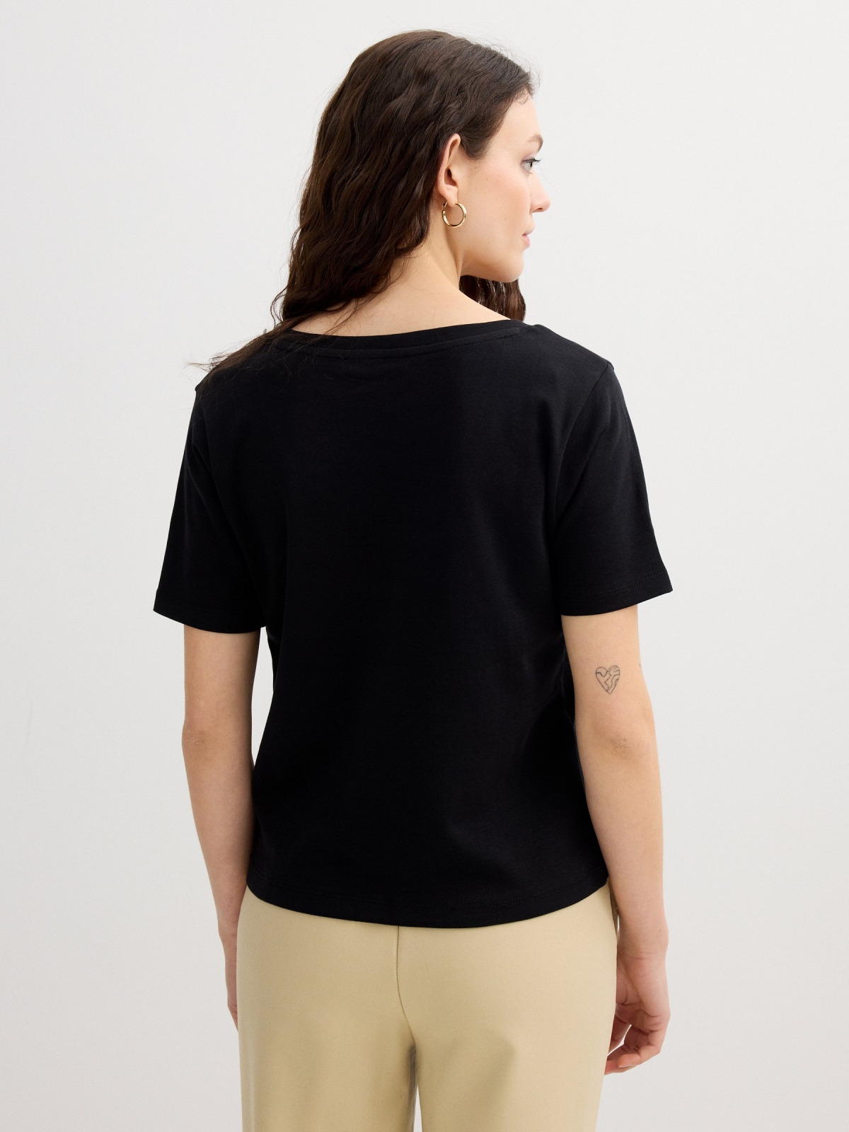 Black cotton V-neck T-shirt black middle back view