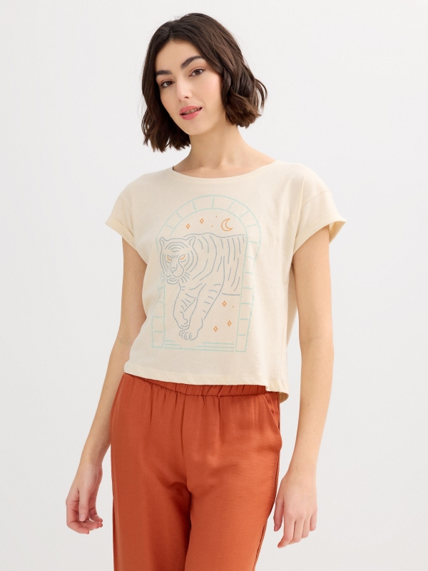 Cotton tiger t-shirt sand middle front view