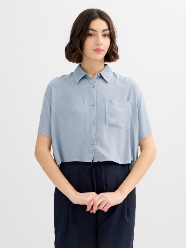 Crop bambula shirt steel blue middle front view