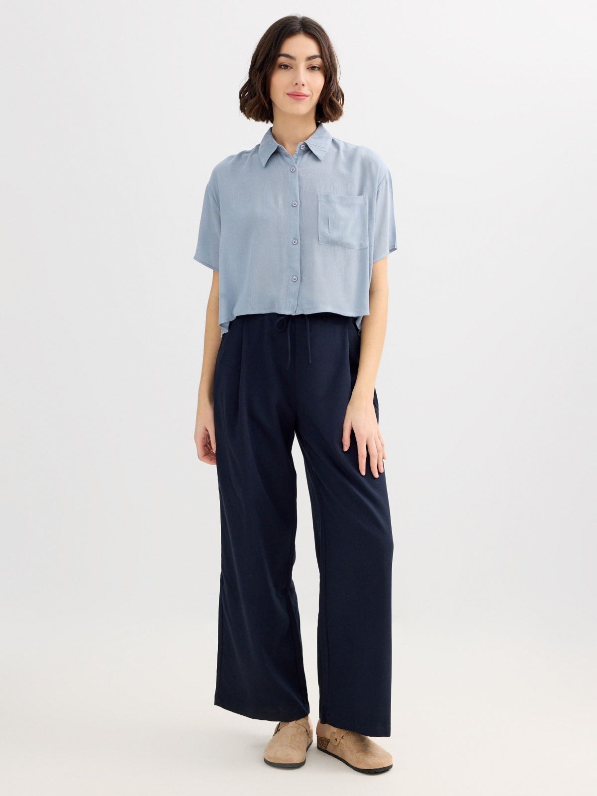 Crop bambula shirt steel blue front view