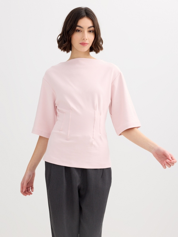 Camiseta justa algodão rosa claro vista meia frontal