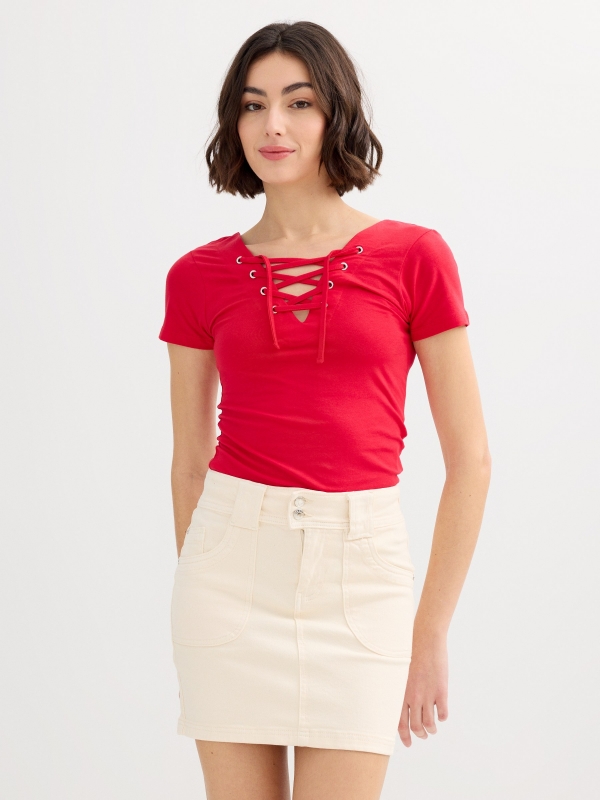 Strappy neckline top red middle front view