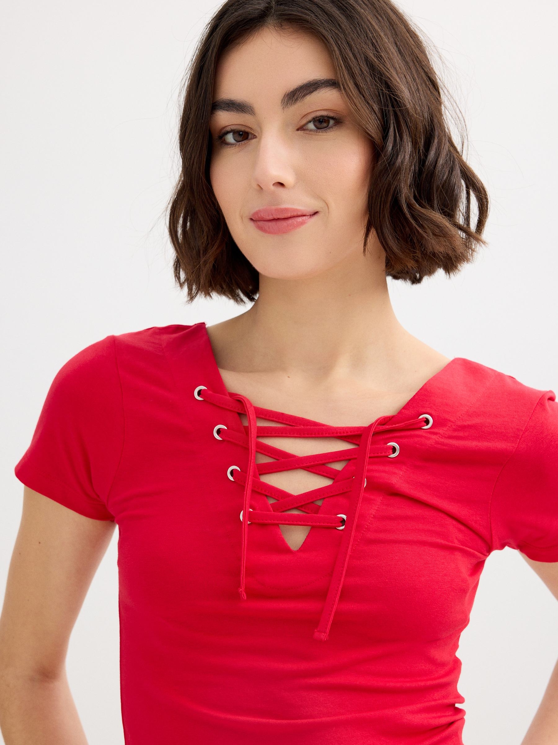 Strappy neckline top red middle front view