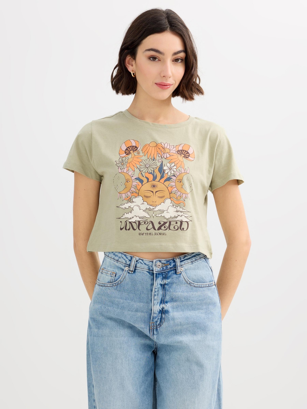 Cosmic Sun T-shirt greyish green middle front view