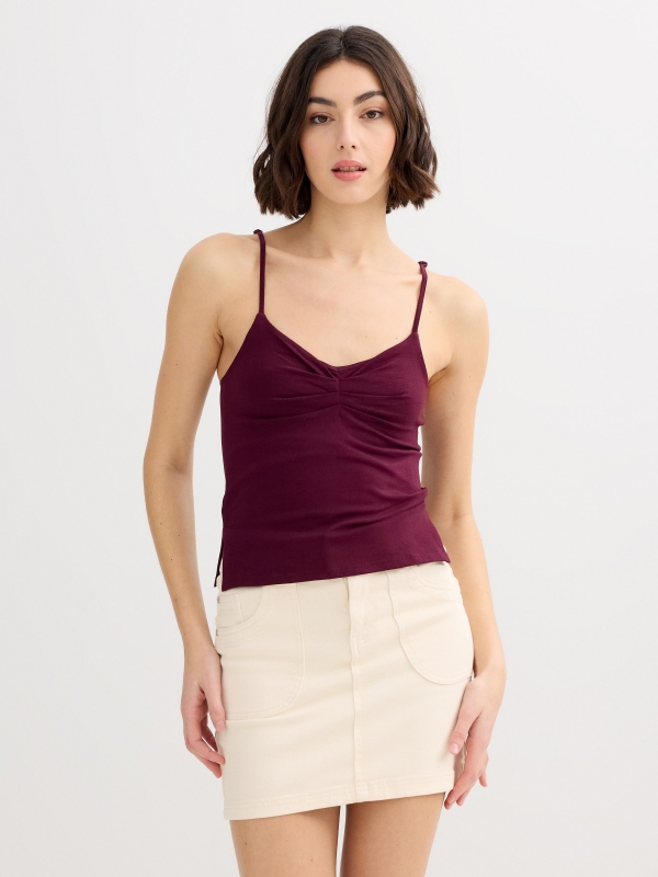 Ruched sweetheart neckline tank top orange middle front view