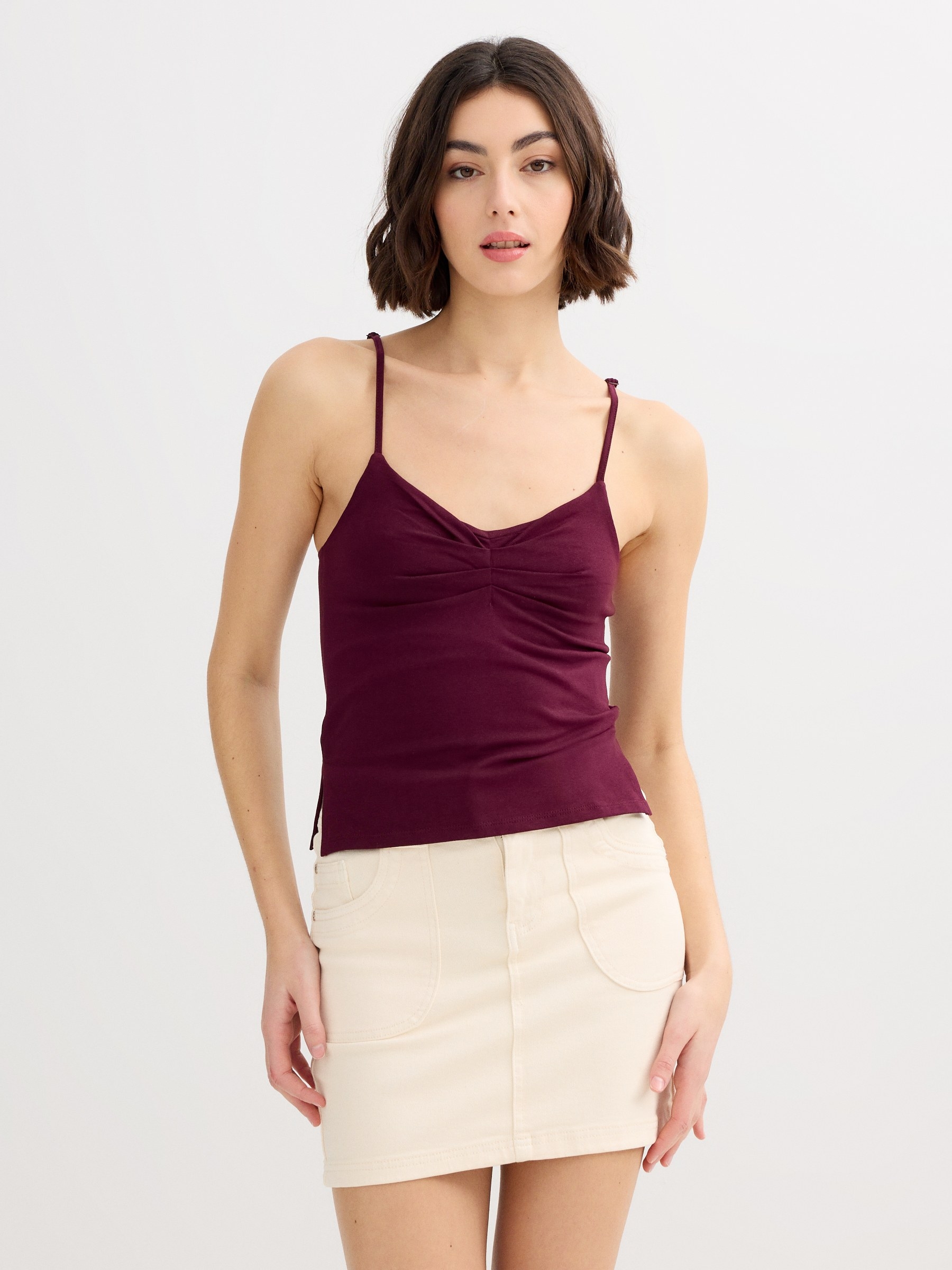 Ruched sweetheart neckline tank top orange middle front view