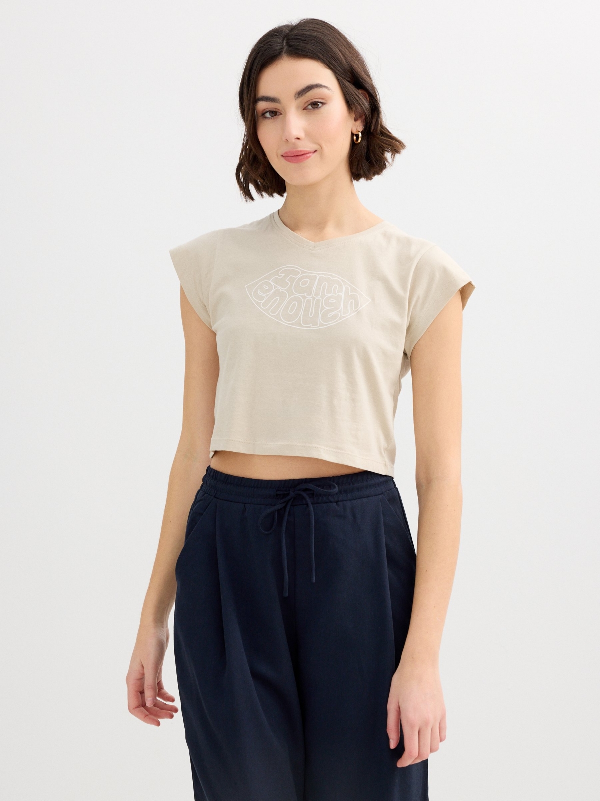 Cotton lettering t-shirt taupe middle front view